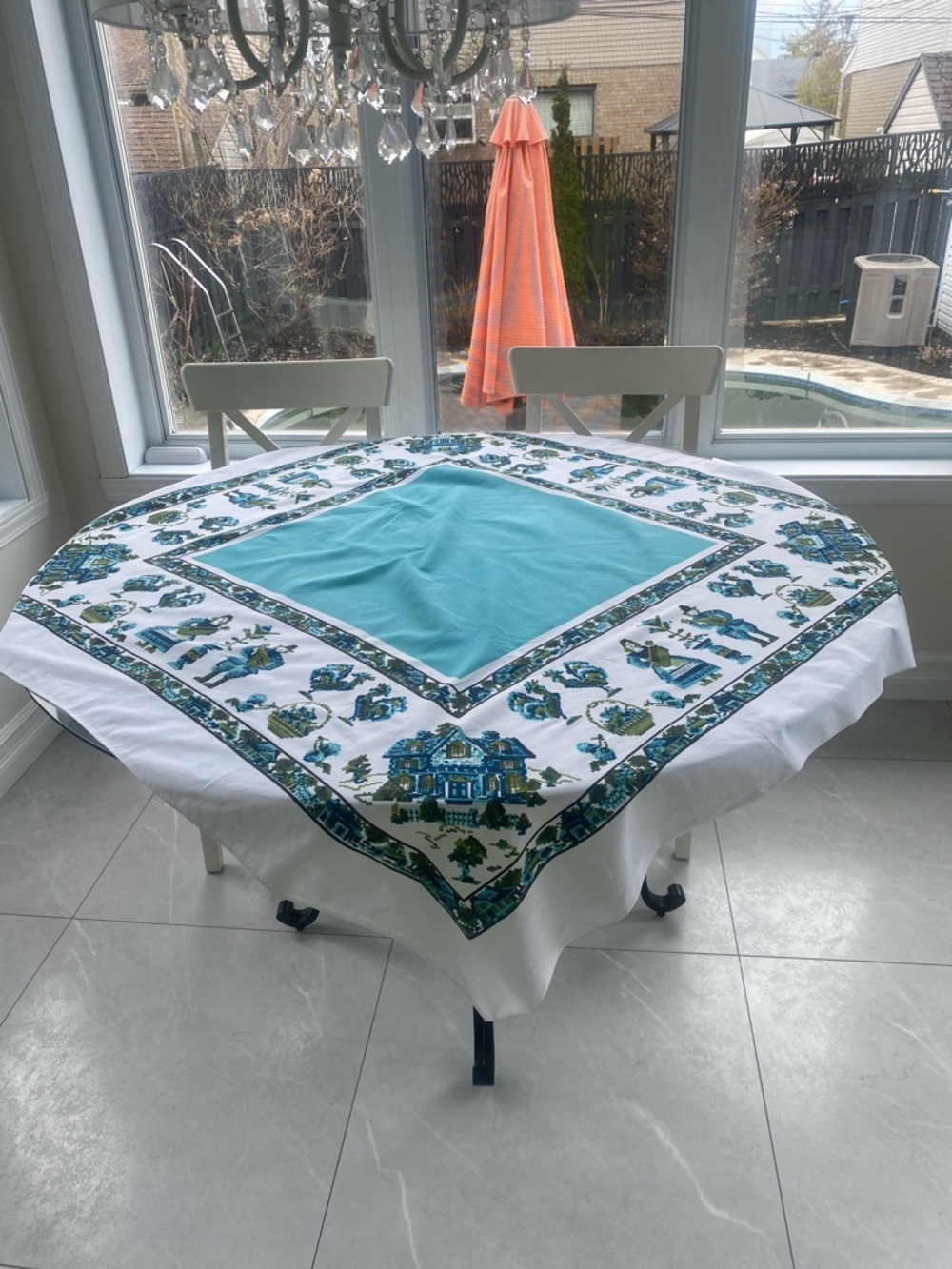 MCM Square kitsch Tablecloth Dutch faux cross stitch motif  50”X46”